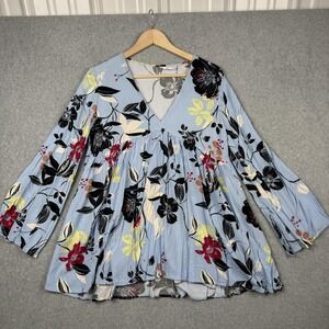 Free People Top Womens L Blue Floral VNeck Boho Tunic Bell Sleeve Flowy Babydoll